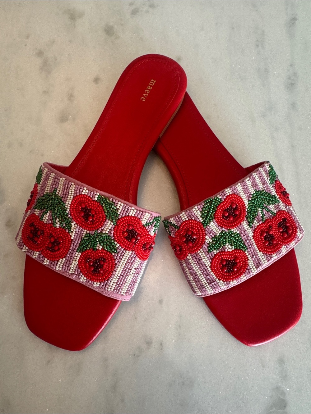 Anthropologie Maeve 🍒 Red Beaded Cherry Slide Sandals 🍒